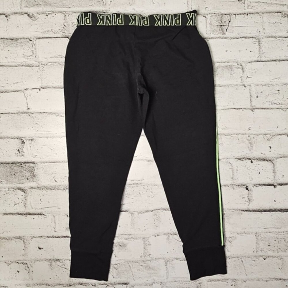 Victoria’s Secret PINK Black Joggers Green Stripe Y2K Athleisure - Size M - Picture 2 of 6